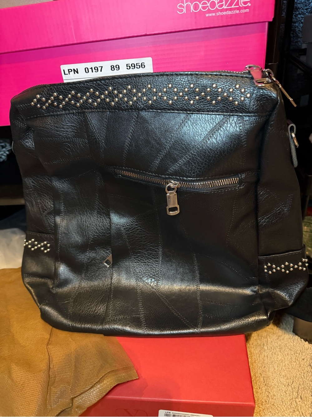 Black Studded Faux Leather Convertible Backpack